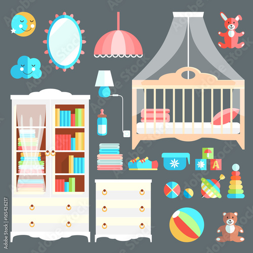 Furniture and toys for baby room. Stylish cute colors. Collectio