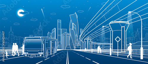 The passengers left bus. Transportation bridge. Wide highway. Urban infrastructure, modern city on background, industrial architecture. People walking. White lines, night scene, vector design art 