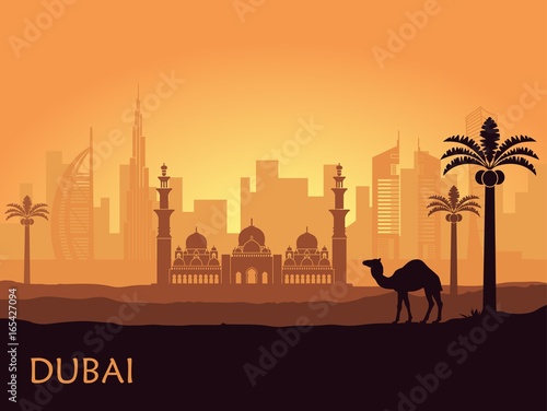 Skyline of Dubai with camel and date palm. United Arab Emirates