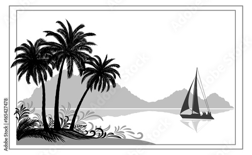 Exotic Sea Landscape, Tropical Palms Trees and Floral Pattern, Sailboat Ship, Mountains, Black and Grey Silhouettes on White Background. Vector