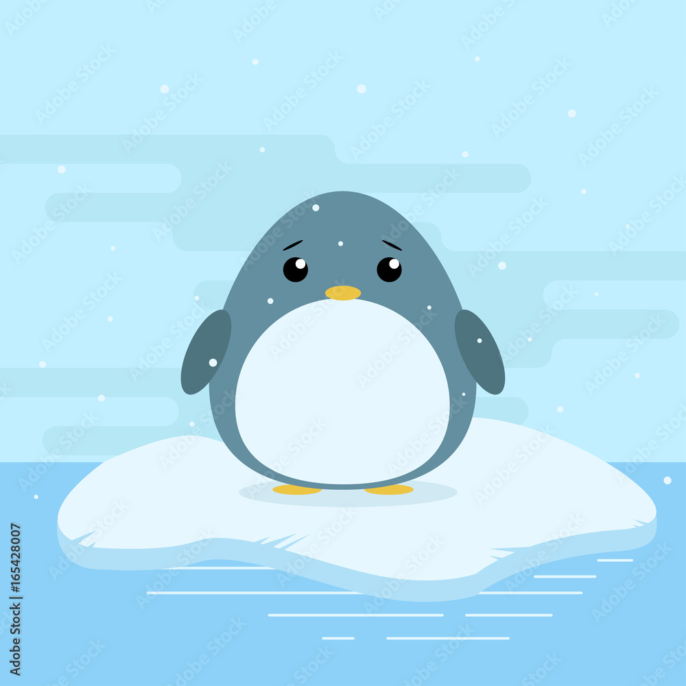 Fototapeta premium Cute cartoon illustration of penguin on iceberg in antarctica. Cold weather with snow. Flat vector design