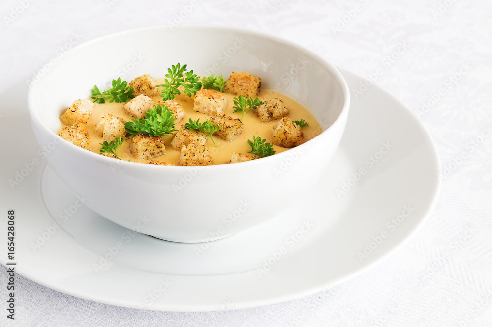 lentil soup puree decorated with croutons and parsley lentil soup puree decorated with croutons and parsley