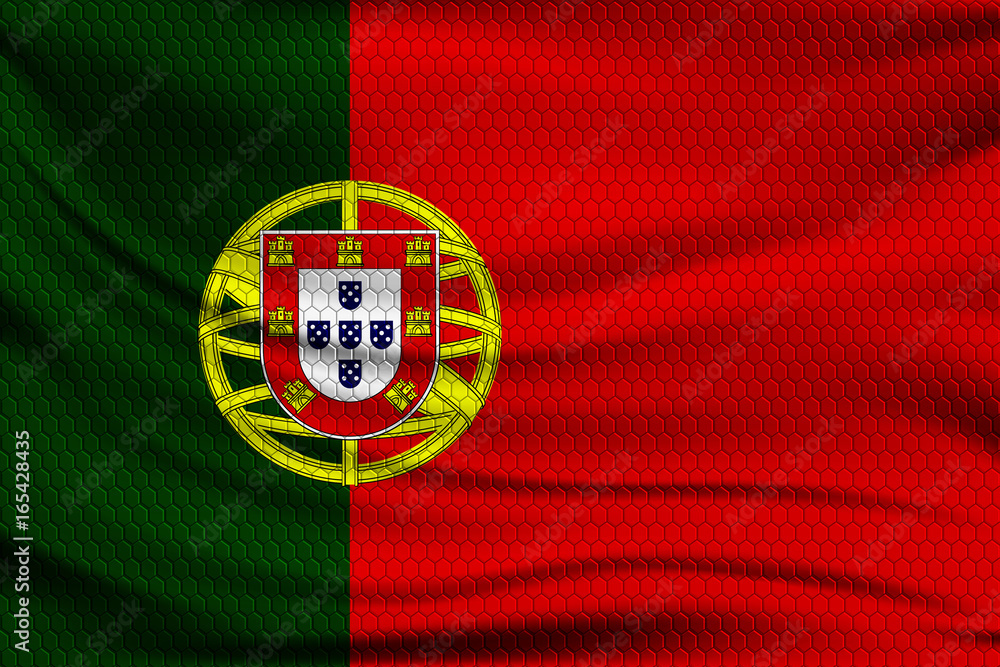 National flag of Portugal on wavy fabric with a volumetric pattern of hexagons. Vector illustration. National flag of Portugal on wavy fabric with a volumetric pattern of hexagons. Vector illustration.