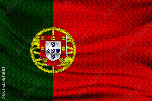 National flag of Portugal on wavy fabric with a volumetric pattern of hexagons. Vector illustration.