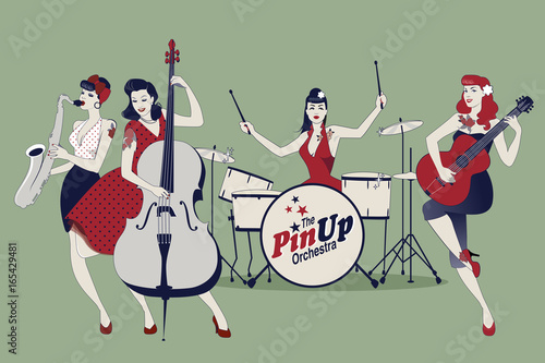 PinUp Girls Band. Four beautiful and tattooed pinup girls playing music. Vector Illustration