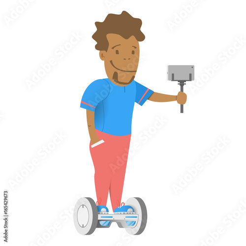 A boy with a selfie stick and smartphone.