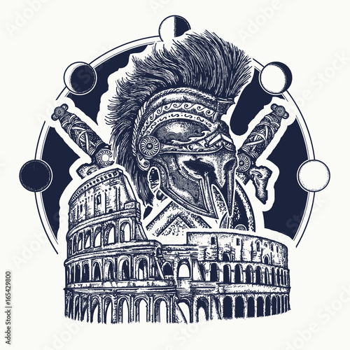 Spartan helmet crossed swords, spartan shield and Colosseum tattoo. Symbol of Ancient Rome, gladiatorial fights. Ancient Rome and ancient Greece concept war tattoo and t-shirt design