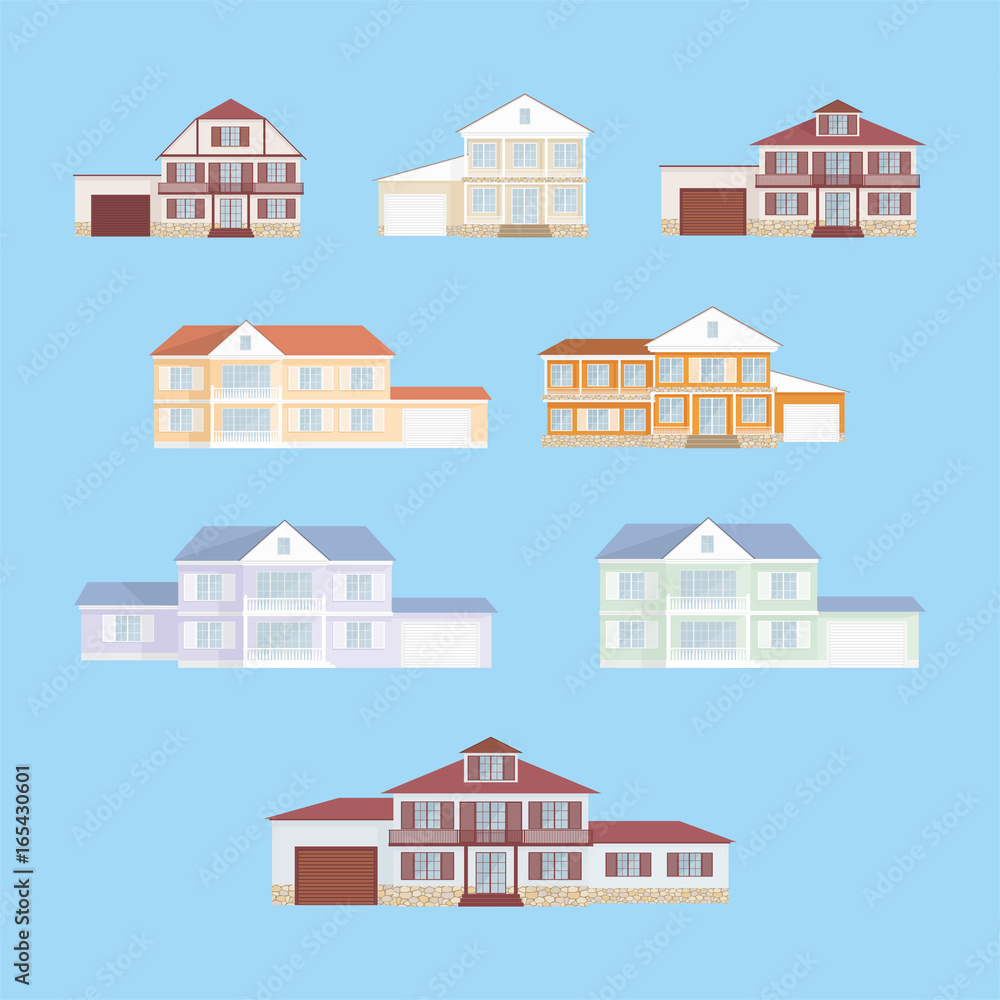 The image of a cottage with garage. Vector clip arts set.