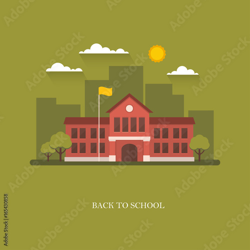 School building illustration on green background