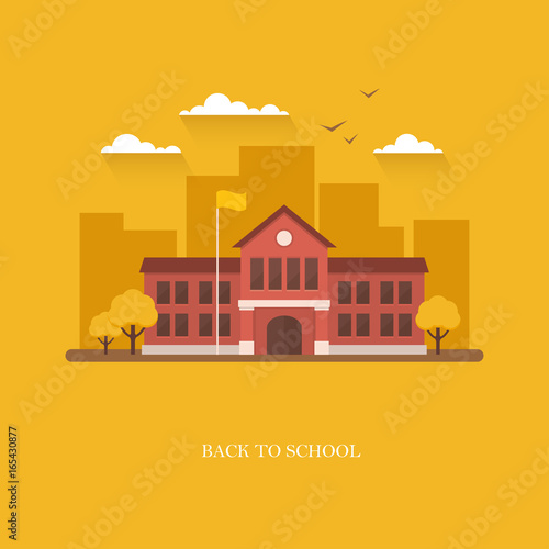 School building illustration on orange background