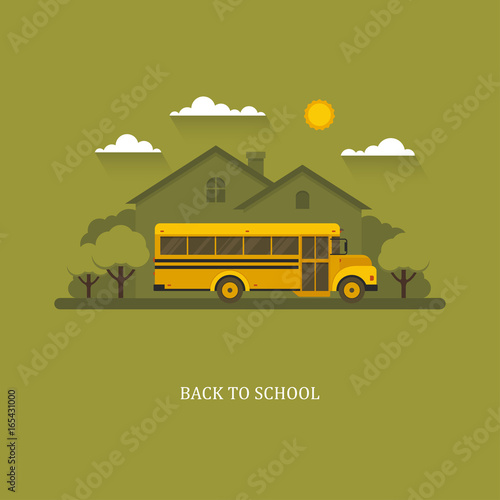 School bus flat illustration with suburban house and trees on a background.