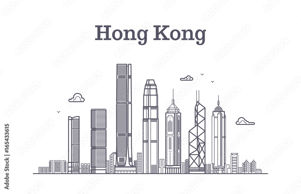 China hong kong city skyline. Architecture landmarks and buildings vector line panorama