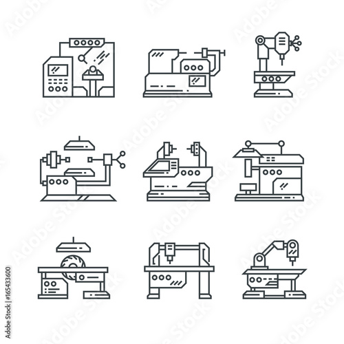 Industrial machines vector line icons. Factory machine tools symbols