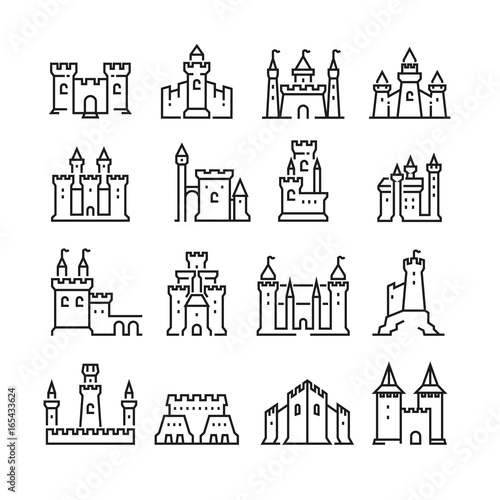 Medieval castle and ancient tower fortress line vector icons photo