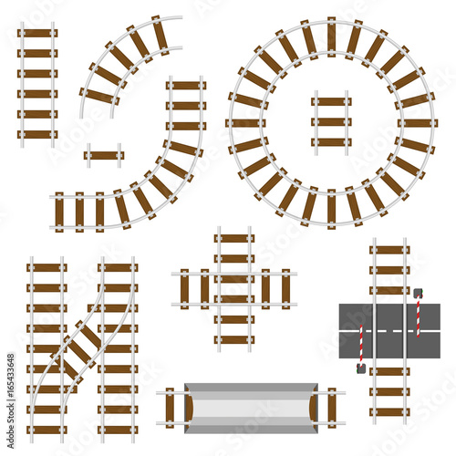Railway structural elements. Top view railroad tracks vector set