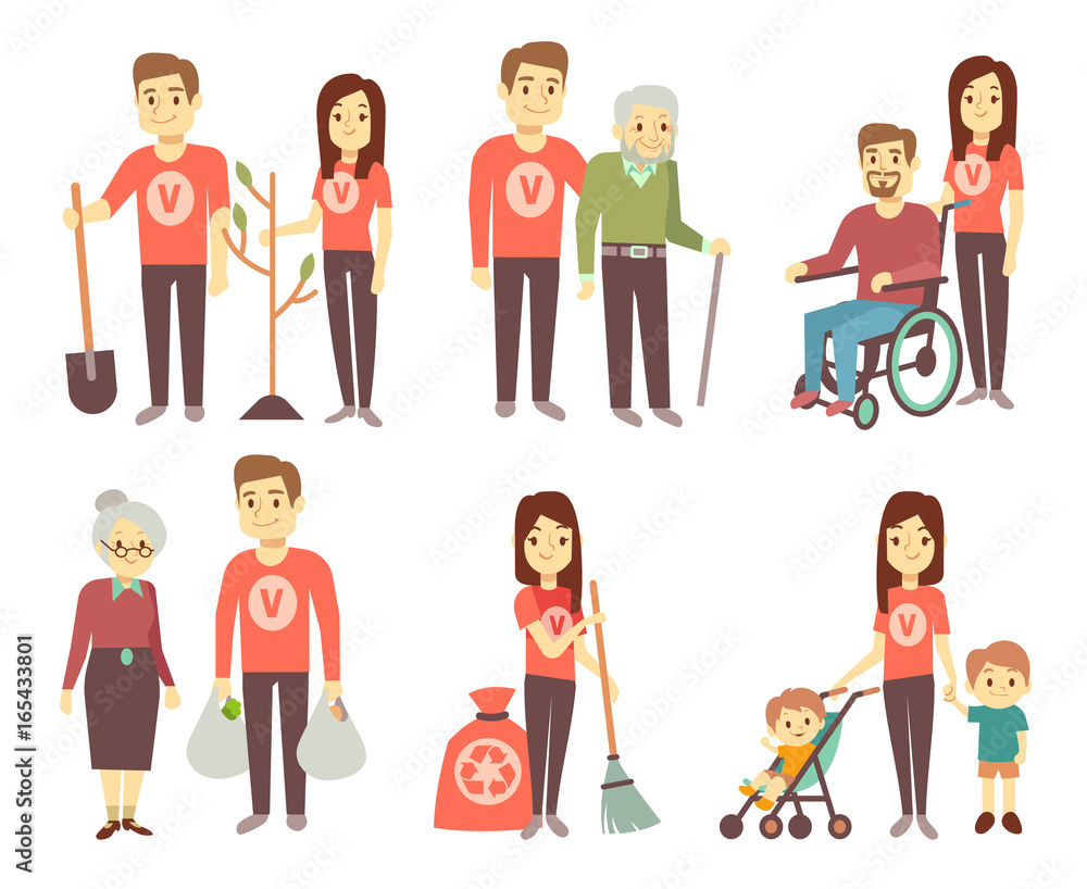 Volunteer helping to disabled people vector characters set for volunteering concept