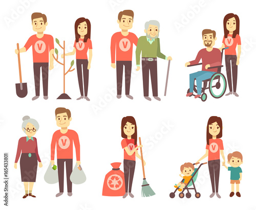 Volunteer helping to disabled people vector characters set for volunteering concept
