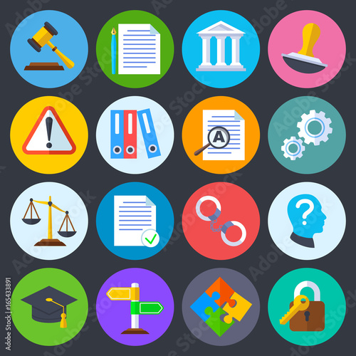 Business regulation, legal compliance and copyright vector flat icons