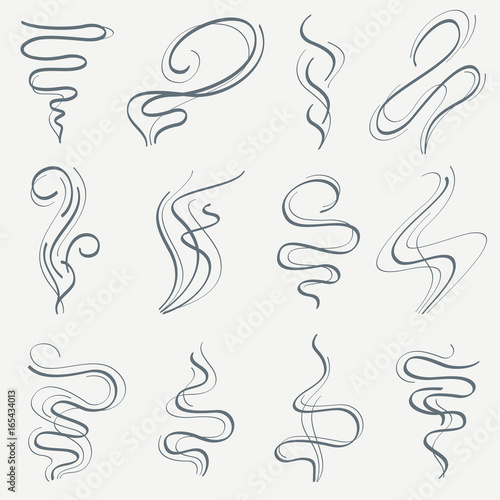 Aroma and smoke line stream. Smell linear trails vector set