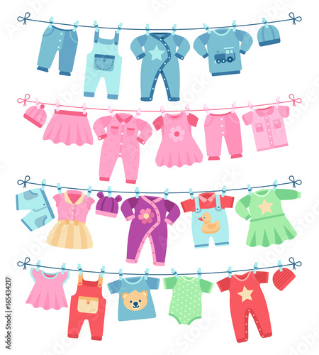Baby clothes drying on clothesline vector illustration
