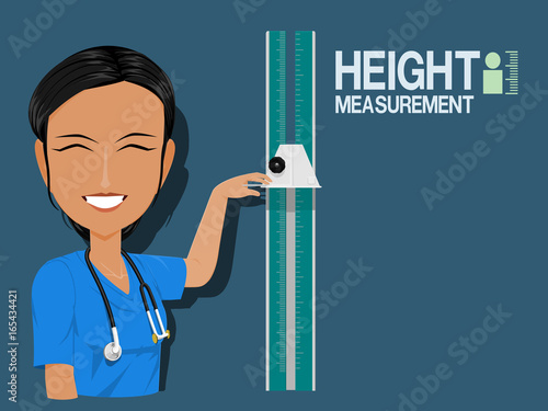 Medical staff show height measurement on blue background
 photo