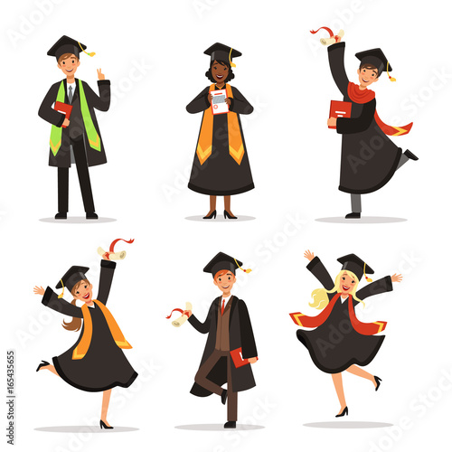 Success and happy students. Graduation in different countries. Vector characters