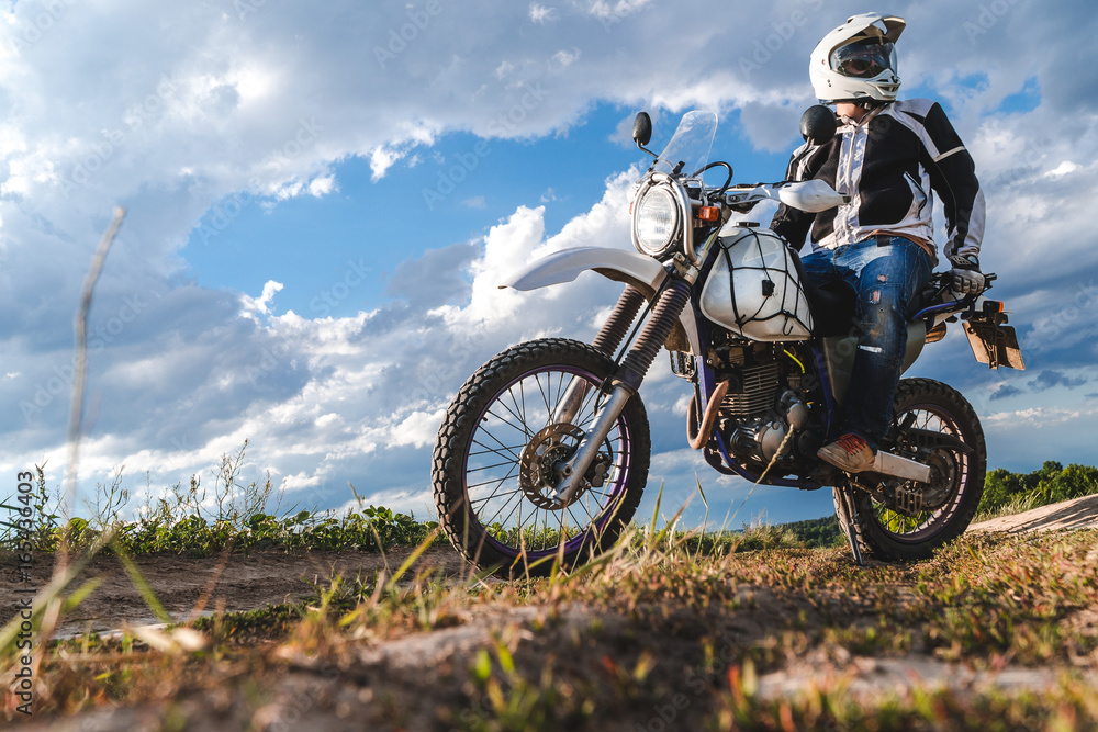 travel motorcycle off road Motorcyclist gear, A motorcycle driver looks, concept, active lifestyle, enduro