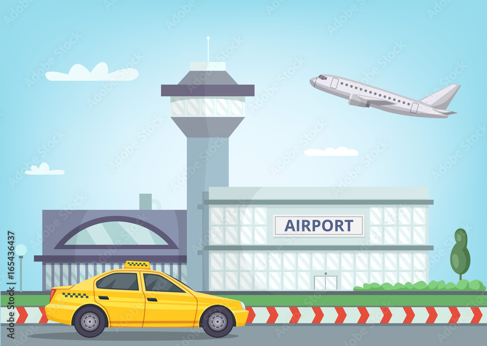 Urban background with airport building, airplane in the sky and taxi car
