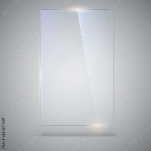 Blank, transparent vector glass plate. Vector template, vertical banner with copy-space. Photo realistic texture with highlights and glow on the background. See through the plastic, 3D illustration.