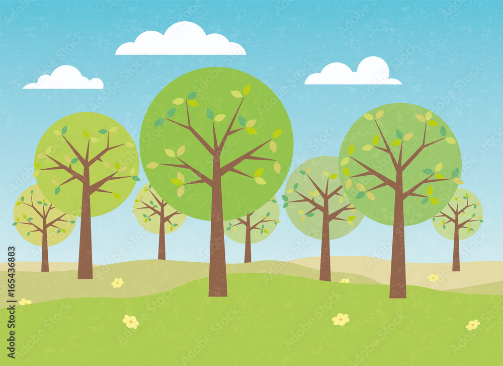 Spring forest retro vector illustration with grunge texture overlay Spring forest retro vector illustration with grunge texture overlay
