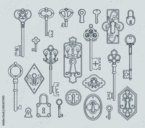 Vintage keys and padlocks for medieval doors. Hand drawn vector illustrations