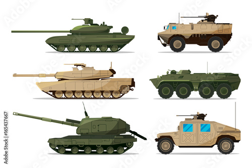 Military vehicle. Different artillery machines support. Heavy army transport isolated on white. Illustrations in flat style