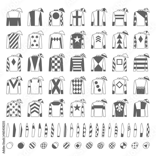 Jockey uniform. Traditional design. Jackets, silks, sleeves and hats. Horse riding. Horse racing. Icons set. Isolated on white. Vector illustration.