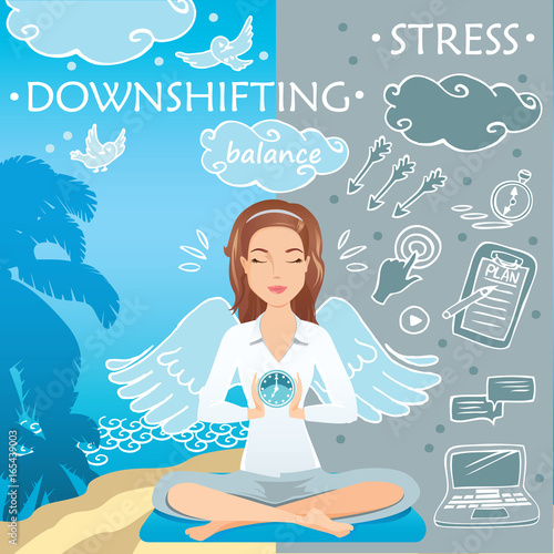 Downshifting concept. Flat design colorful illustration. Freelancer changes lifestyle. Cute woman thinks and compares work in the office and freelancing. Downshifting cartoon character in vector