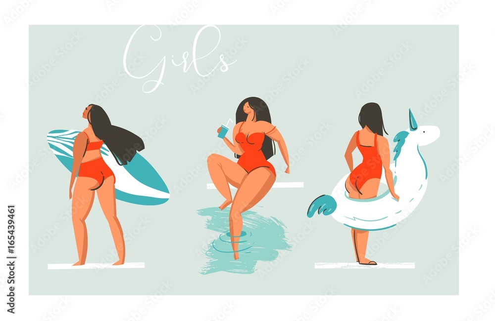 Hand drawn vector cartoon summer time fun beach girls collection illustration set with swimming pool float unicorn ,retro girl with cocktail and surfer isolated on blue background Hand drawn vector cartoon summer time fun beach girls collection illustration set with swimming pool float unicorn ,retro girl with cocktail and surfer isolated on blue background