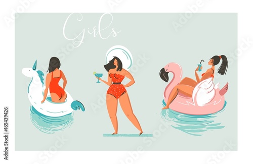 Hand drawn vector cartoon summer time fun beach girls collection illustration set with swimming pool float unicorn and flamingo rings and retro girl in hat with cocktail isolated on blue background