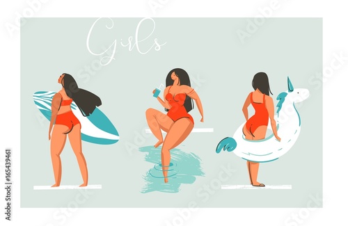 Hand drawn vector cartoon summer time fun beach girls collection illustration set with swimming pool float unicorn ,retro girl with cocktail and surfer isolated on blue background