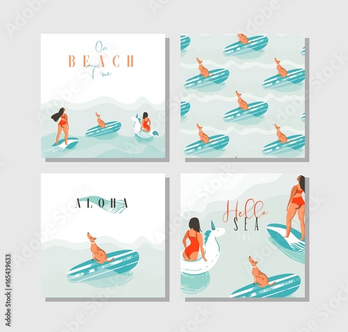 Hand drawn vector abstract exotic summer time funny cards set collection template with surfer girls, unicorn float,surfboard and dog on on blue ocean waves water