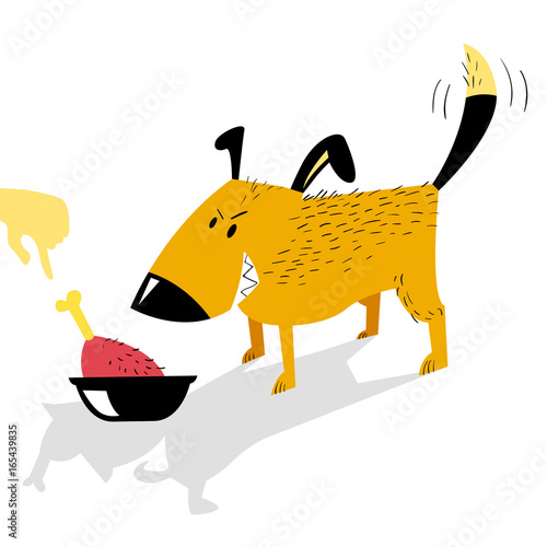 Angry dog guards a bowl of food from a human hand. Food agression.