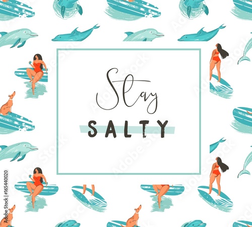 Hand drawn vector cartoon summer time fun poster template with surfer girls and modert typography quote stay salty isolated on white background
