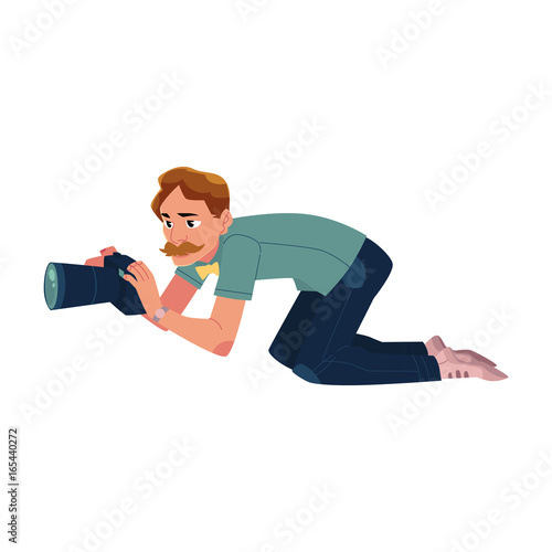 Photographer taking pictures, shooting from low angle, kneeling, cartoon vector illustration on white background. Professional photographer, photo journalist, reporter crunching, kneeling on ground