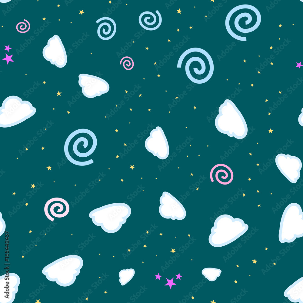 cartooned seamless pattern with stars and clouds, vector illustration background