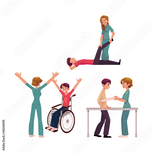 Medical rehabilitation, physical therapy activities, physiotherapist working with patients, cartoon vector illustration on white background. Medical rehabilitation, physical therapy, nurse, patients