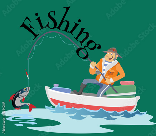 Flat fisherman hat sits on boat with trolling fishing rod in hand and catches bucket, Fishman crocheted spin into the sea waiting big fish funny vector illustration, Man active banner concept.