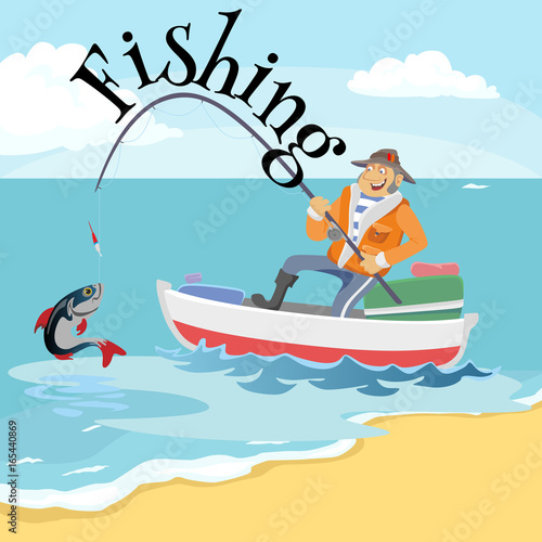 Flat fisherman hat sits on boat with trolling fishing rod in hand and catches bucket, Fishman crocheted spin into the sea waiting big fish funny vector illustration, Man active banner concept.