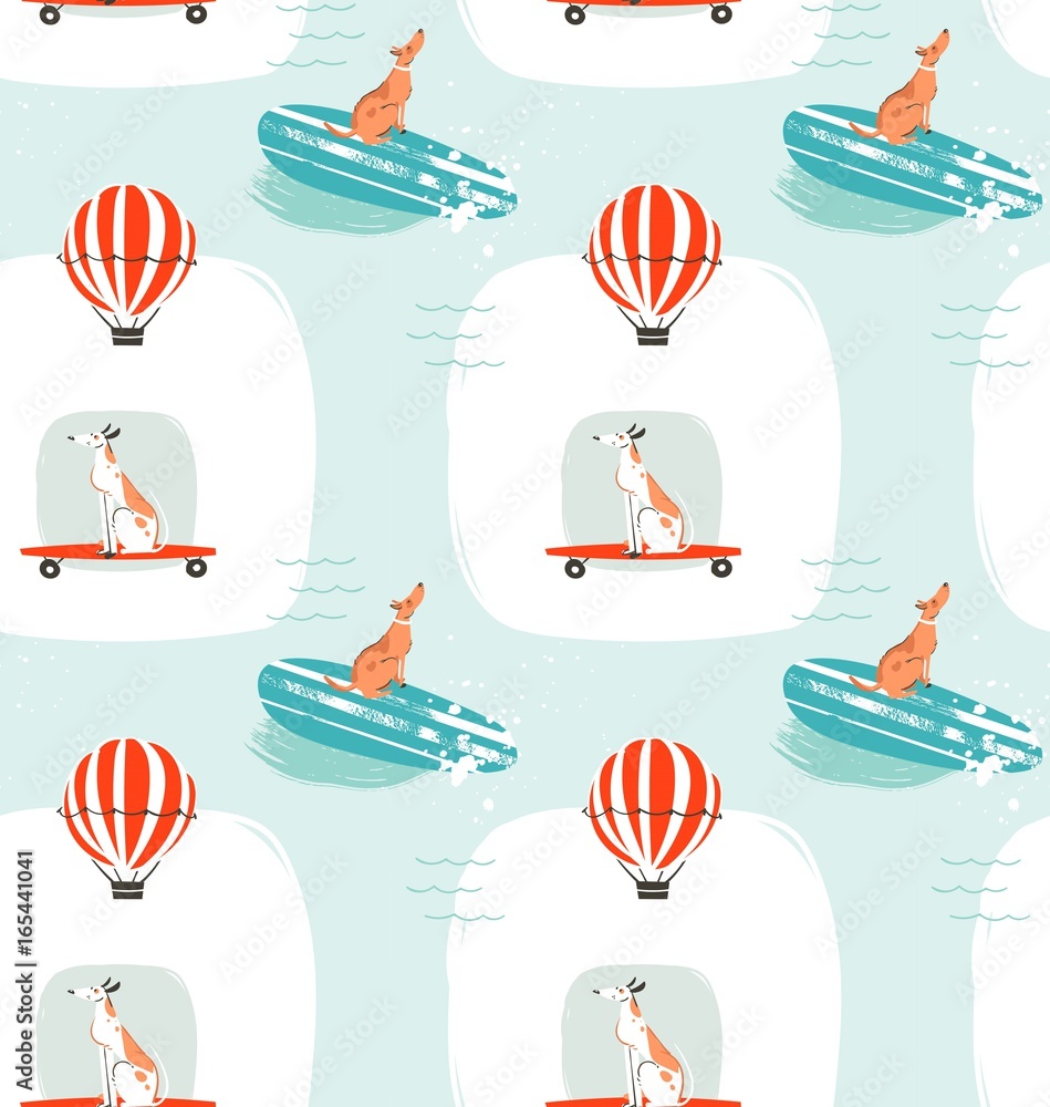 Hand drawn vector cartoon drawing summer time fun seamless pattern illustration with riding dogs on skateboards and dogs on surfboard isolated on blue background. Hand drawn vector cartoon drawing summer time fun seamless pattern illustration with riding dogs on skateboards and dogs on surfboard isolated on blue background.