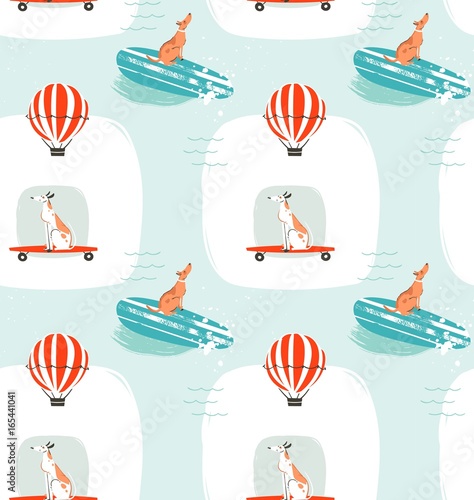 Hand drawn vector cartoon drawing summer time fun seamless pattern illustration with riding dogs on skateboards and dogs on surfboard isolated on blue background.