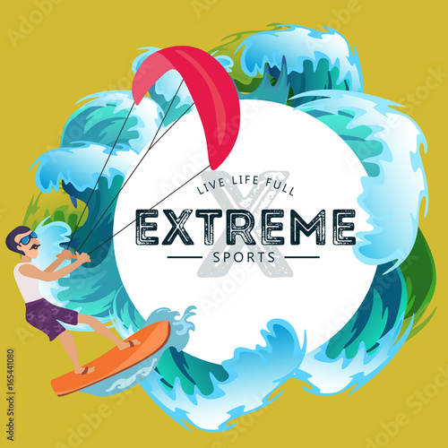 kitesurfing water extreme sports, isolated design element for summer vacation activity concept, cartoon wave surfing, sea beach vector illustration, active lifestyle adventure