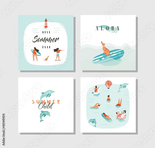 Hand drawn vector abstract cartoon summer time fun cards collection set template with happy swimming people in blue ocean water,dog on skateboard and typography quote isolated on white background.