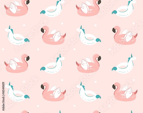 Hand drawn vector abstract summer time fun seamless pattern with pink flamingo float and unicorn swimming pool buoy circle isolated on pastel background